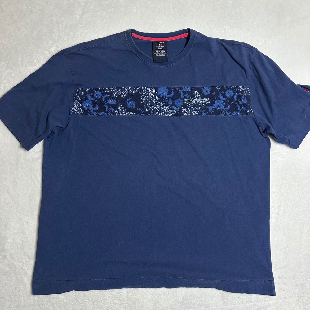 Vintage 90s Tommy Hilfiger Navy Floral Embroidered Chest Stripe T-Shirt XL Y2K